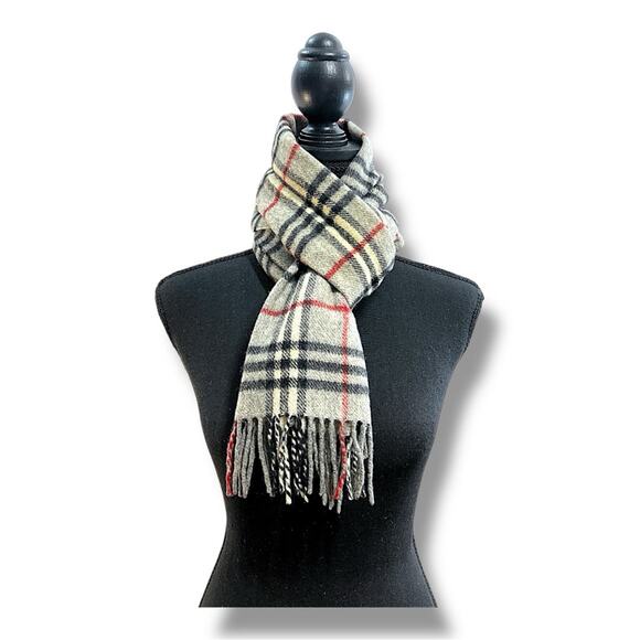 BURBERRYS OF LONDON 100% Lambswool Plaid Gray, Red, Black, Ivory Scarf 12x56” - Picture 4 of 16